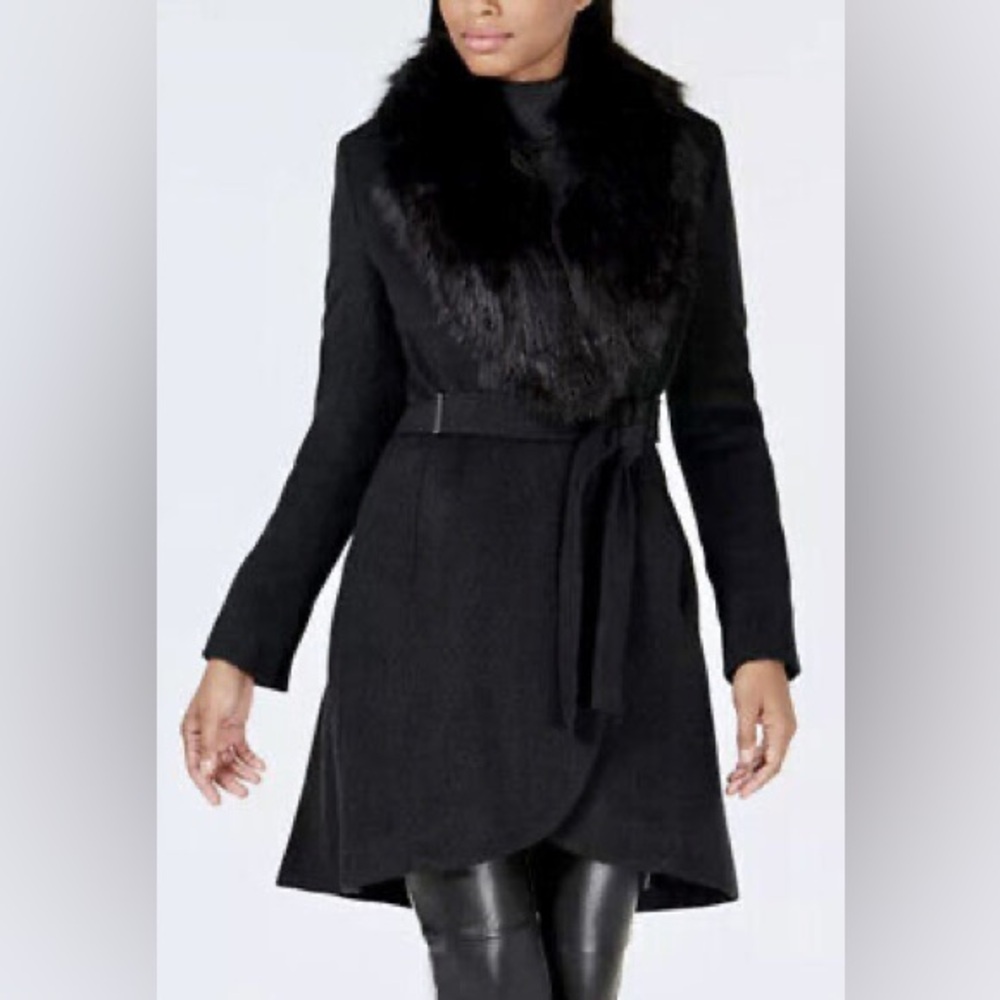 Calvin Klein Faux Fur Collar Black Belted Wrap Coat